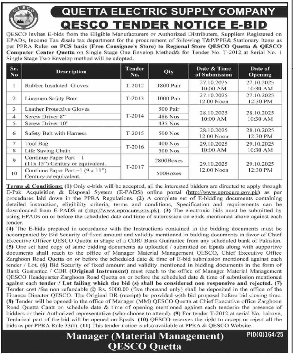 QESCO Quetta Tender Notice